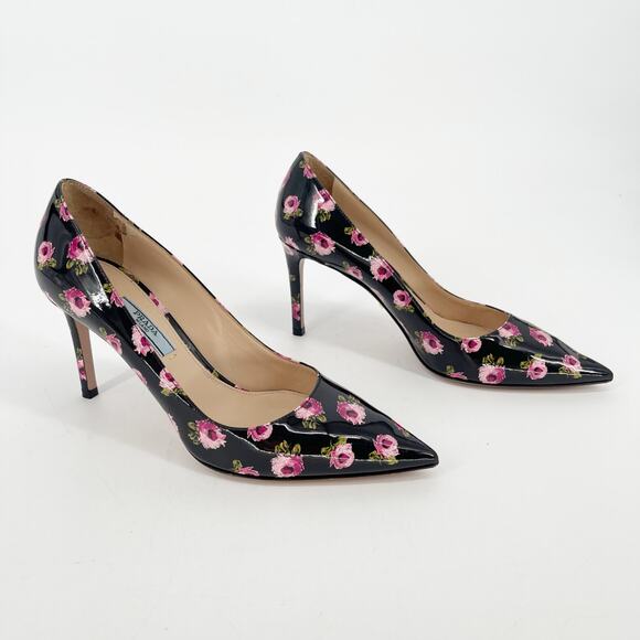 Prada Black Pink Patent Leather Rose Floral Print Pointed Toe Pump Heel IT 37 - Picture 1 of 12